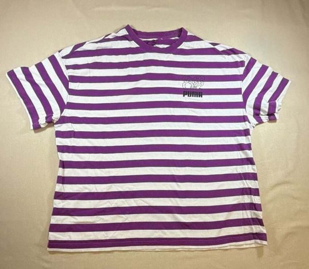 Puma Purple and White Striped Short Sleeve T-Shirt Size M